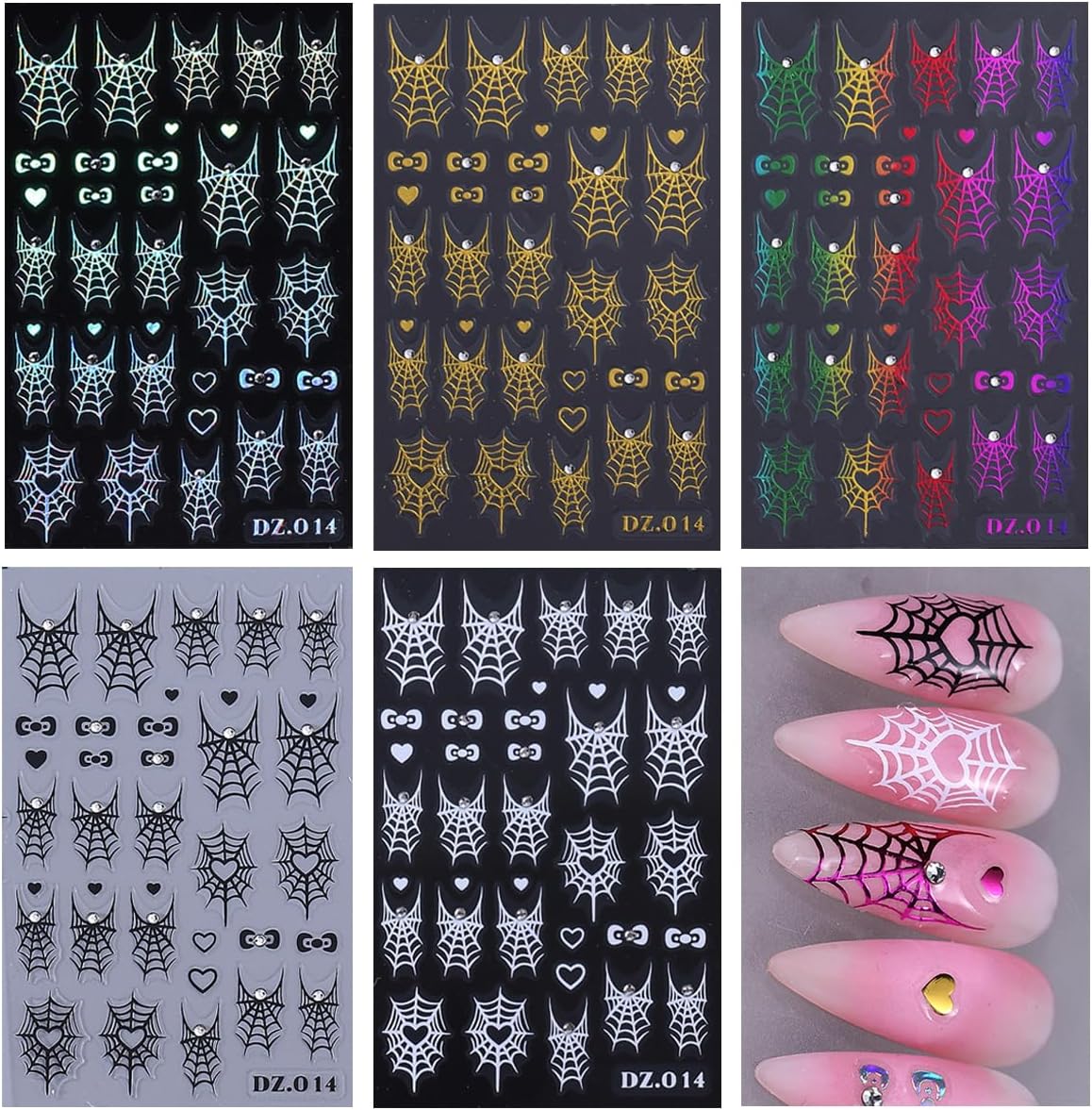 5D Halloween Heart Spider Web Nail Art Stickers - White, Black, Rainbow, Gold, Laser Silver Nail Decals with Rhinestone Accents, Self-Adhesive Nail Adhesive Sliders for Women Art Decorations 5 Sheets