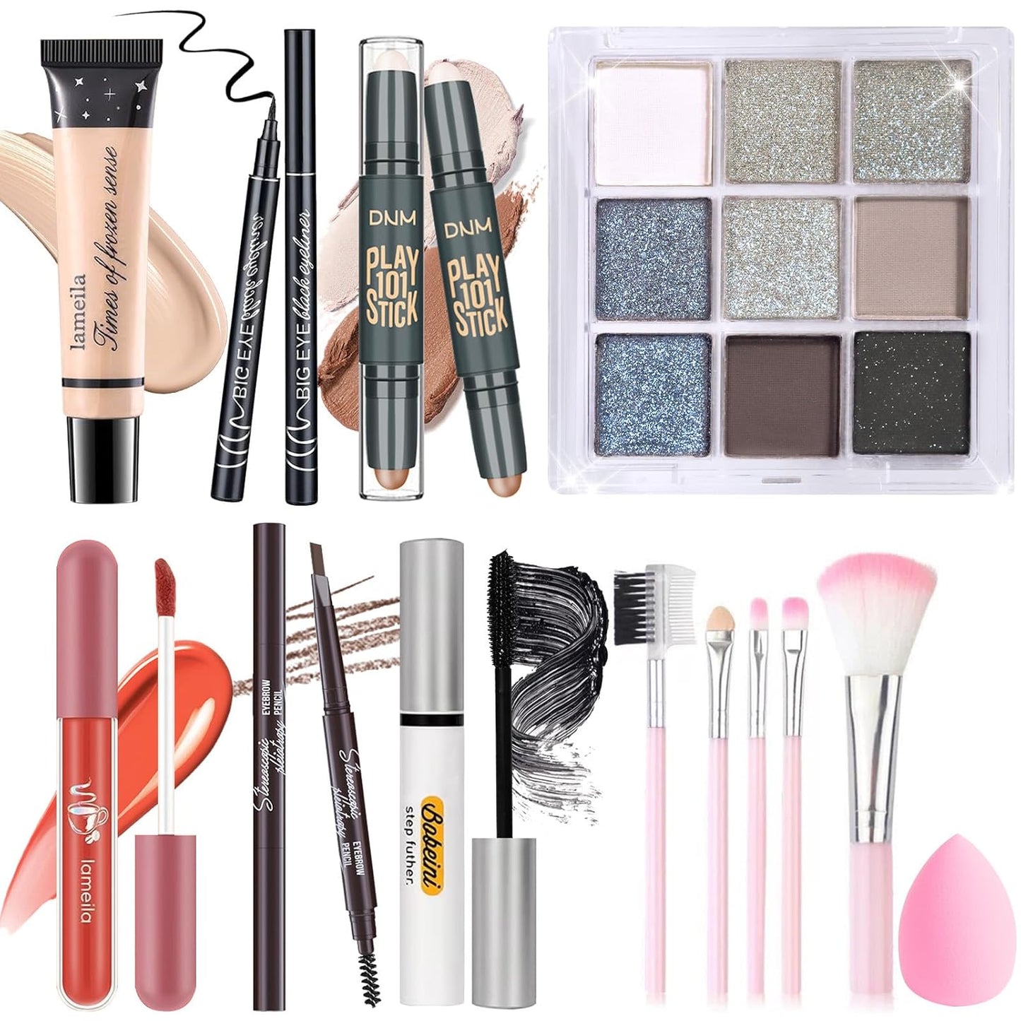 Makeup Set Kit for Women Girls Teens, Makeup Present Set, Includes 9 Color Eyeshadow, Counter Stick, Foundation, Eyebrow Pencil, Eyeliner, Mascara, Lip Gloss, 5Pcs Brushes, Sponge