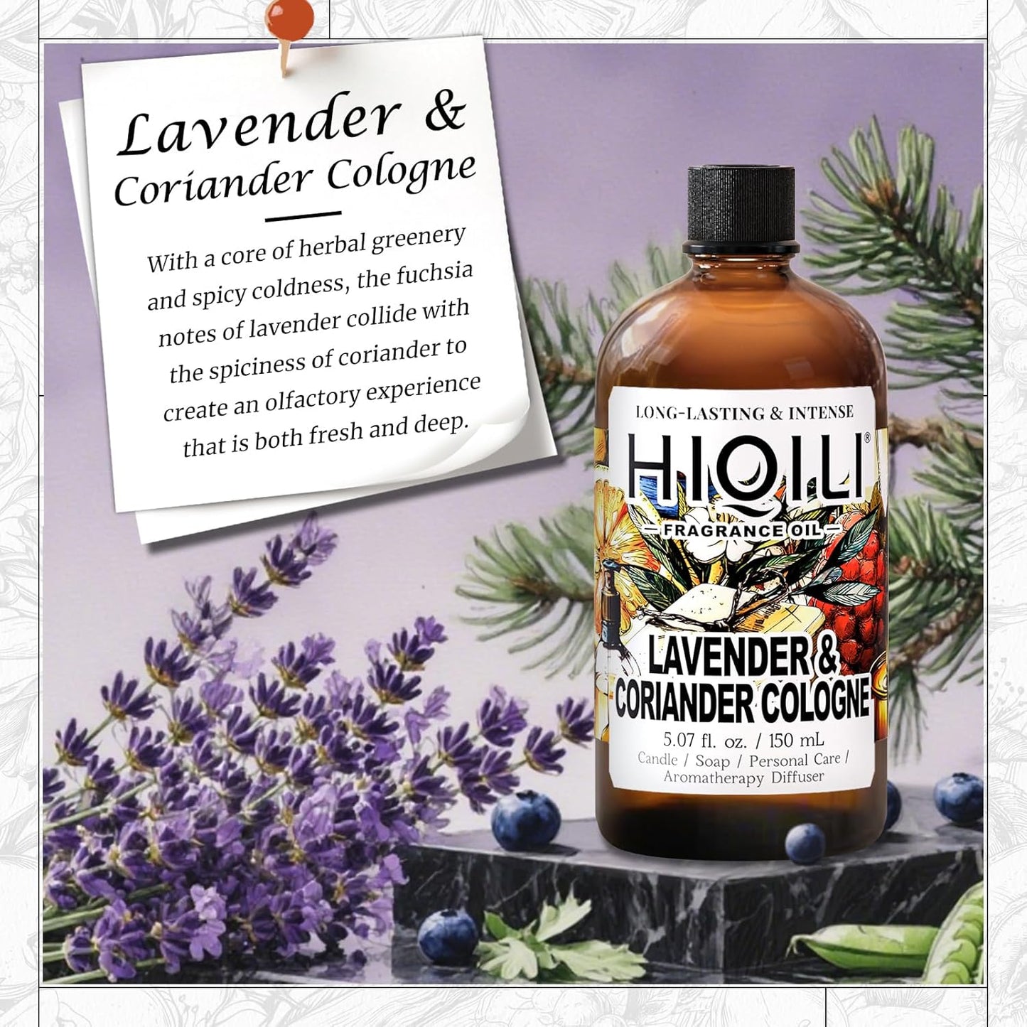 HIQILI Lavender & Coriander Cologne Fragrance Oil for Diffuser, Candle & Soap & Perfume Making, for Hotel and Home, Essential Oil, Long-Lasting Aroma - 5.07fl oz