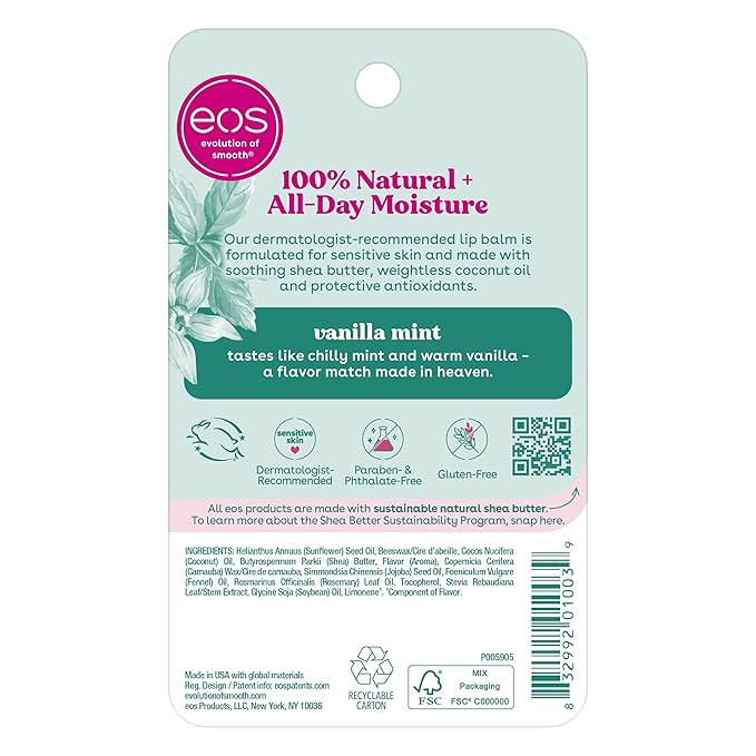 eos 100% Natural Lip Balm- Vanilla Mint, All-Day Moisture, Made for Sensitive Skin, Lip Care Products, 0.25 oz (Pack of 2)