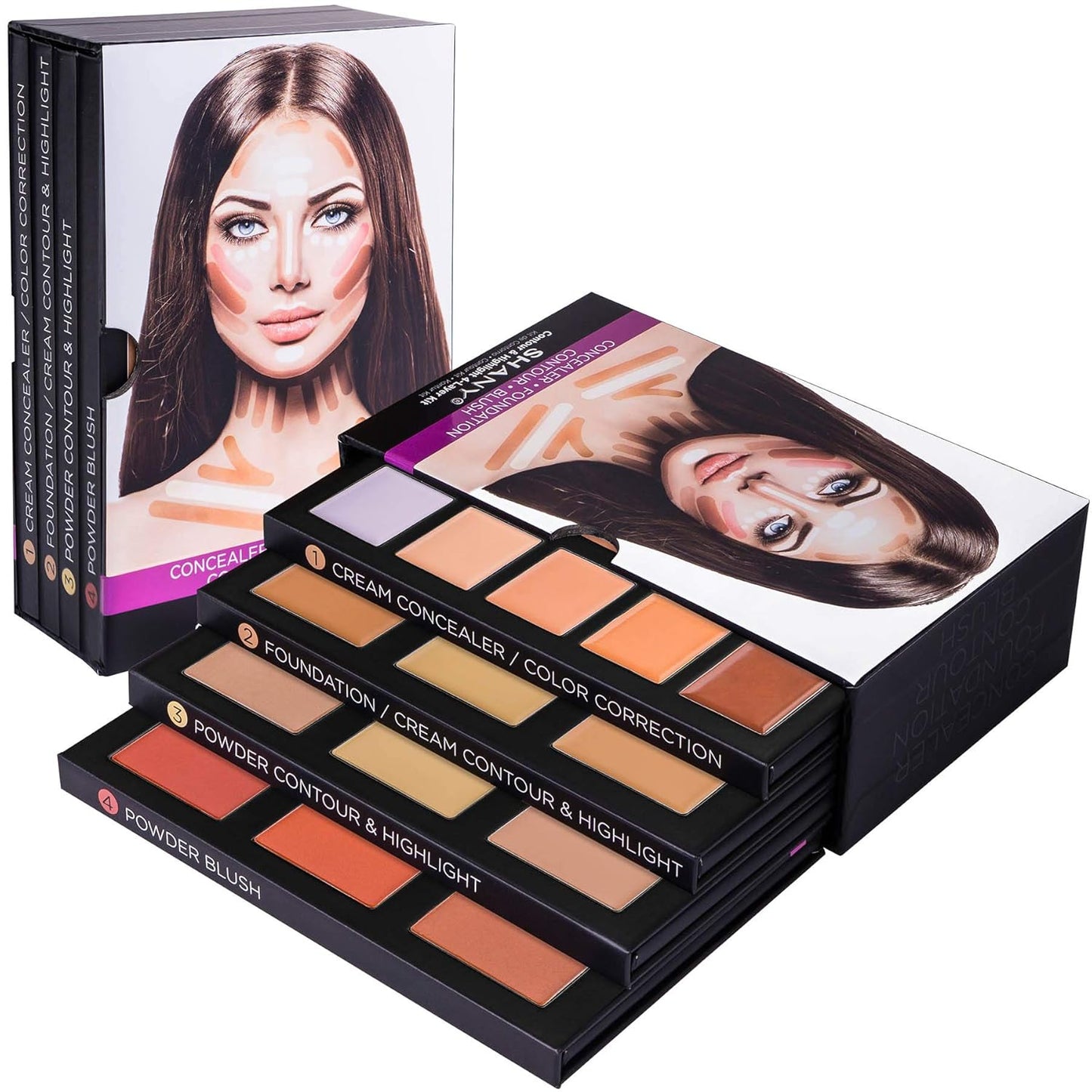 SHANY 4-Layer Contour and Highlight Makeup Kit - Set of Concealer Palette, Color Corrector, Makeup Foundation Palette, Contour Highlight, and Blush Palettes Sets