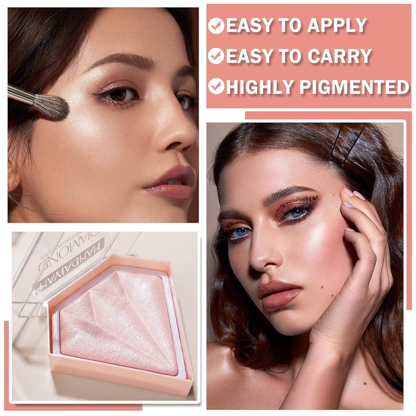 2PCS Fairy Pink Highlighter Makeup Palette Face Powder Highlighters Iluminadores De Maquillaje Shimmer Glitter Diamond Highlighter Blush Powder Makeup Palette