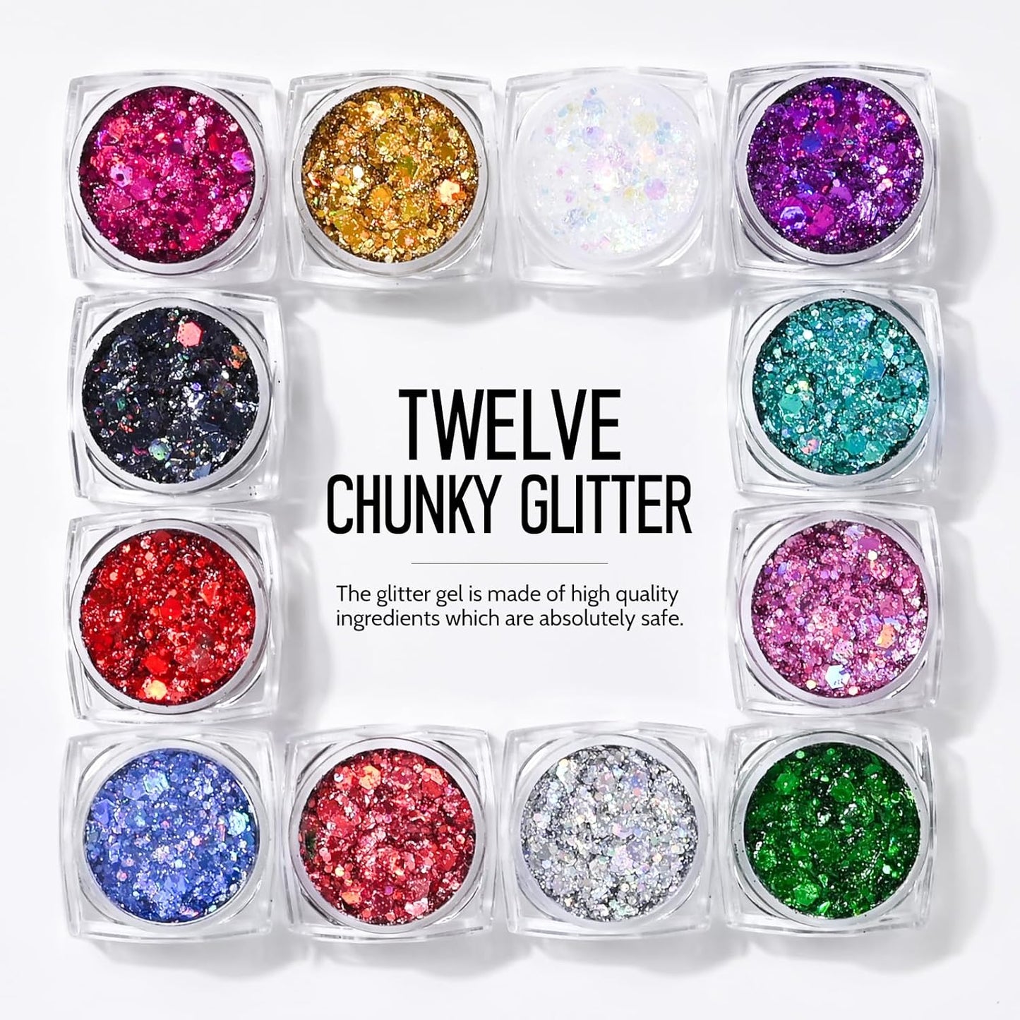 Ownest 12 Colors Holographic Chunky Glitter Gel Set, Christmas Party Makeup Face Body Eye Lips Hair Nail Cosmetic Festival Chunky Glitter Eyeshadow, Mixable, No Need Glue(B)