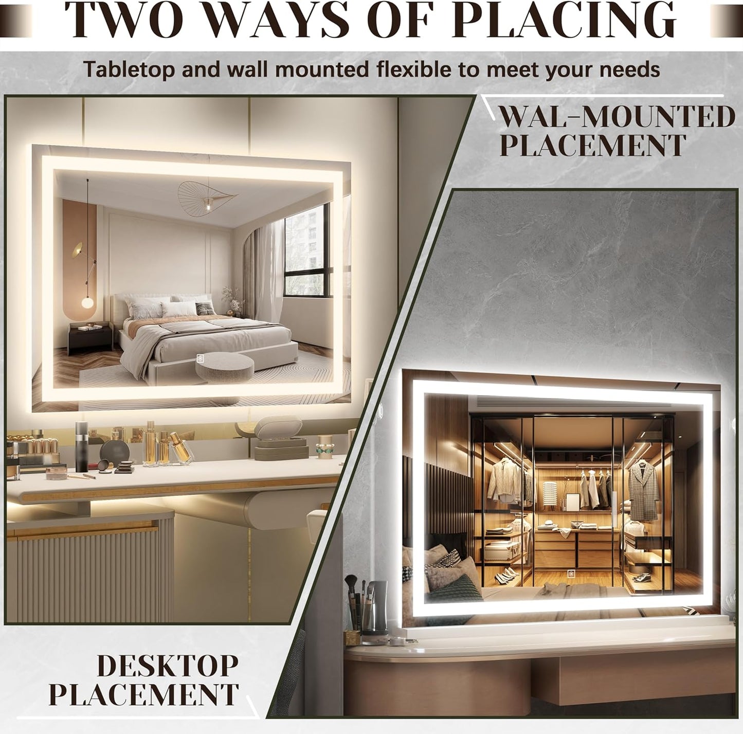 31" x 22" Large Lighted Vanity Mirror with Lights, Dimmable 3 Modes, LED Makeup Mirror for Bathroom ＆ Dressing Room, Tabletop or Wall-Mounted, 10X Magnification, White