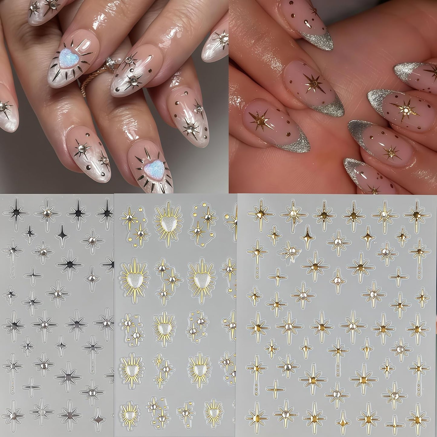 6 Sheets Star Nail Stickers for Nail Art, Shiny Crystal Diamond Stars Heart Silver Gold Self-Adhesive Nail Art Stickers Decals Design Everyday Salon Nail Art DIY Decoration Supplies for Women