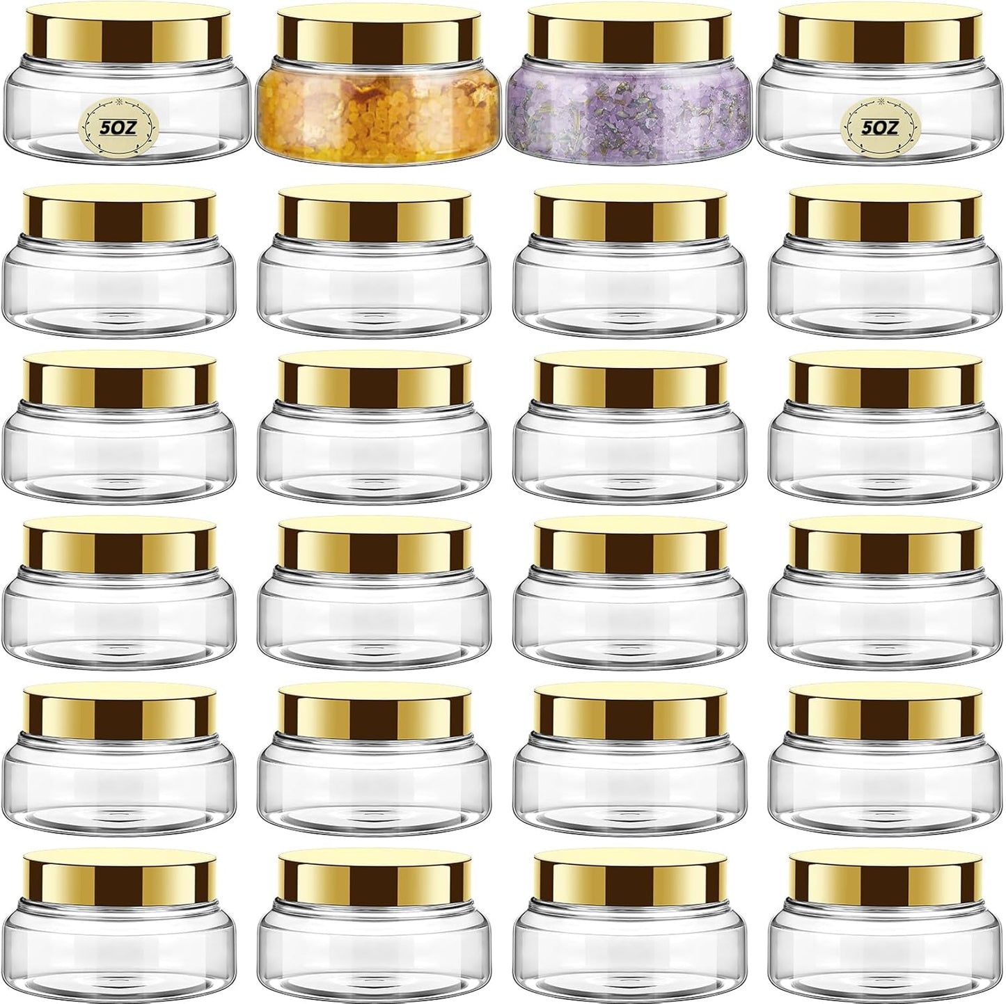 Tessco 24 Pack Plastic Jars with Lids Labels Empty Clear Plastic Jars Round Refillable Cosmetic Containers Body Butter Containers Bulk Sugar Scrub Bottle for Make Up(5 oz,Gold)