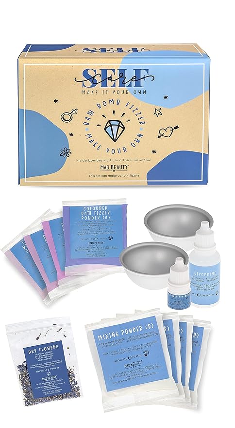 MAD BEAUTY Make It Your Own Bath Bomb Set (Up to 4 Bath Bombs), Self-Care DIY Kit, Floral Fragrance Oil, Dried Flowers, Reusable Molds, & Instructions