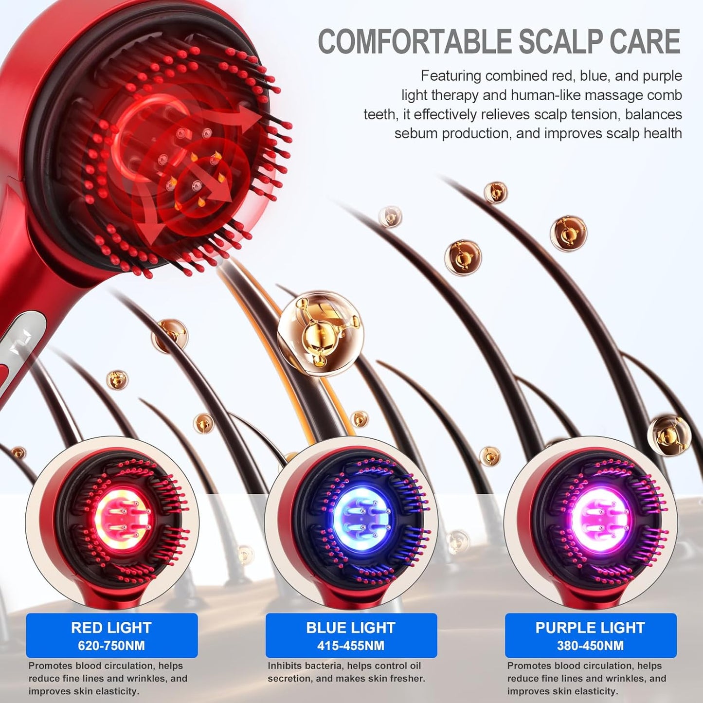 Scalp Massager with Hair Oil Applicator Hair Brush Electric Scalp Massager Hair Comb Red and Blue Light Electric Massage Comb at home for Men Women Multifunctional Massage Comb