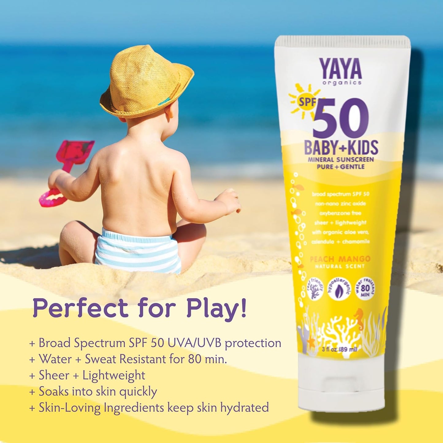 YAYA ORGANICS Baby + Kids Mineral Sunscreen Lotion, SPF 50, Reef-Friendly, Non-Nano Zinc Oxide, Water-Resistant, Hypoallergenic, Pure + Gentle for delicate skin, 3 oz
