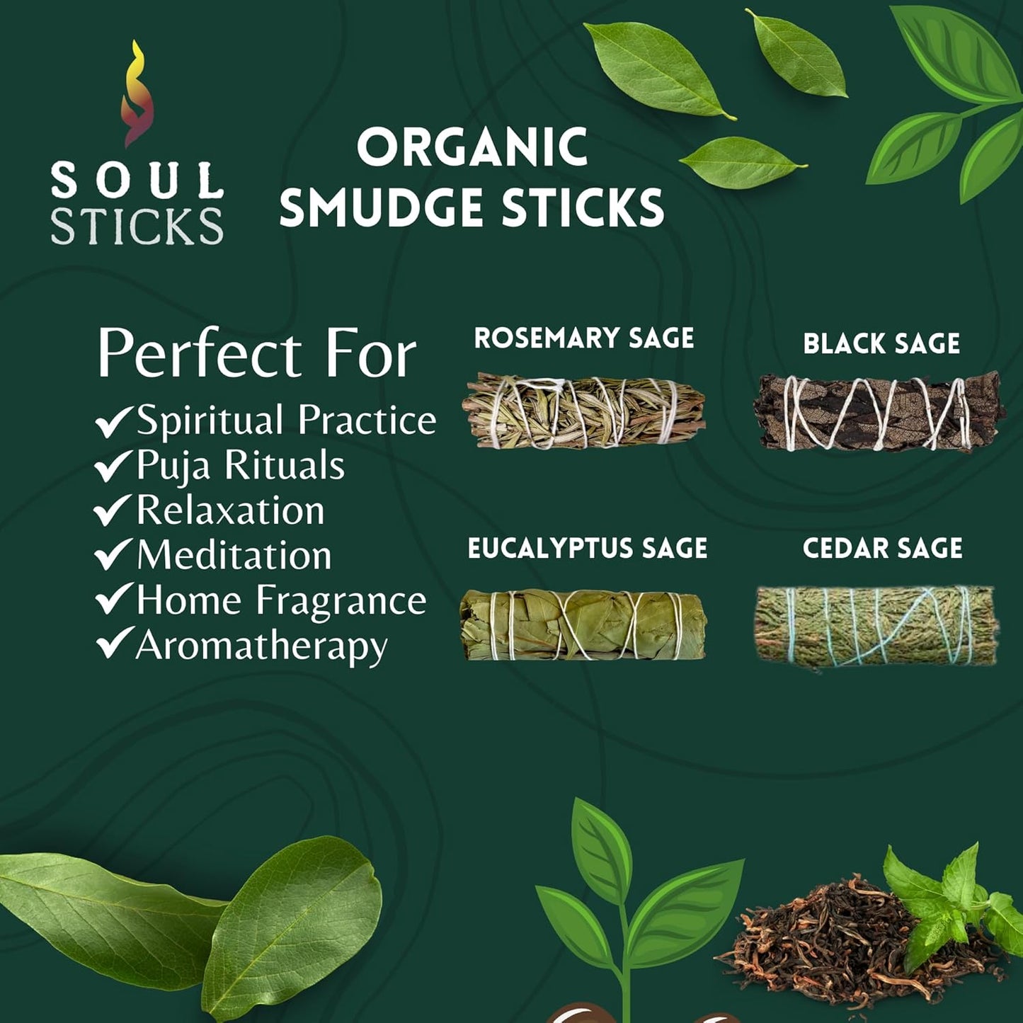 SOUL STICKS Smudge Stick Variety Gift Set | Bulk Sage Bundles for Space Cleansing | Smudging Wand Gift Set with Smudge Guide (Essential Sage, 6 Pack)