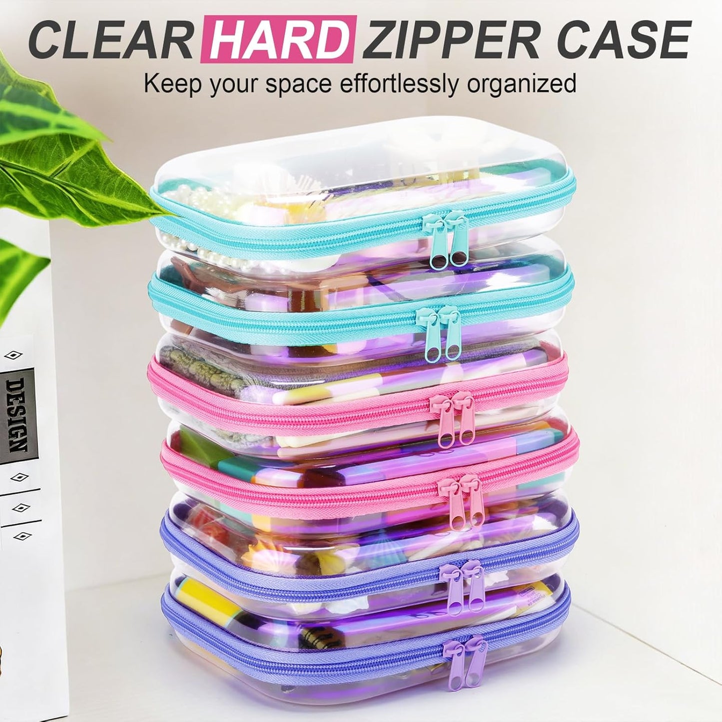 Sanwuta 6 Pcs Clear Hard Zipper Case Pencil Pouches Hard Plastic Zipper Pouches Makeup Bag Transparent Cases for Snacks Plastic Storage Organizer Box for Travel(Holographic,7.87 x 5.9 x 2 Inch)