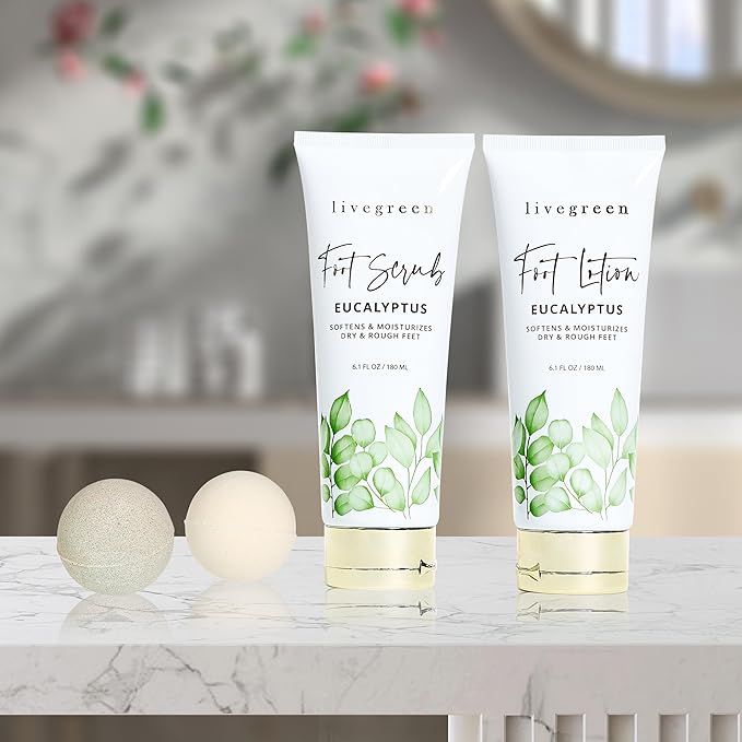 Live Green Foot Care Collection in Eucalyptus, Foot Spa Set with Sherpa Slippers, Foot Lotion (60ml), Foot Scrub (60ml) and 2 Bath Bombs (80 grams each)