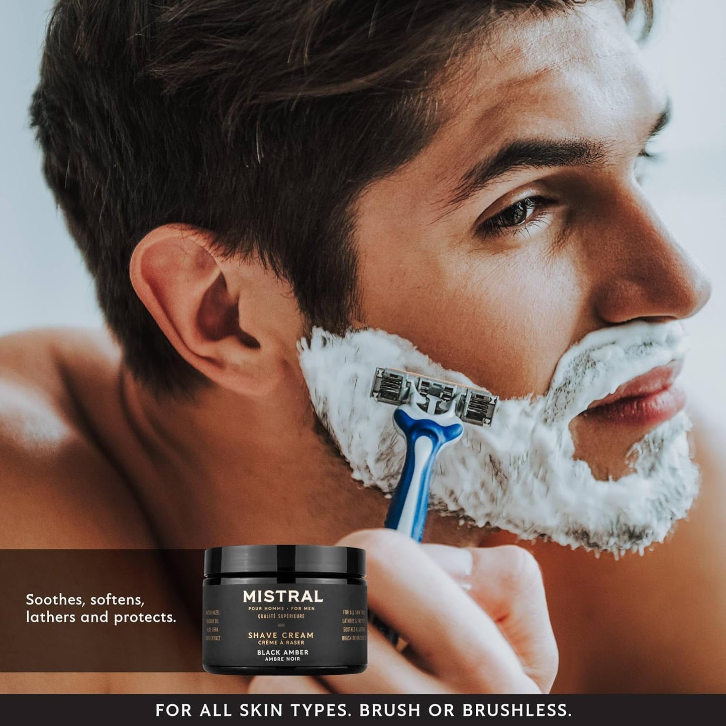 Mistral Black Amber Shaving Cream for Men | Smooth Triple Layered Foam | Men’s Shave Cream with Organic Plant Extracts | pH-balanced, Phthalates & Paraben-Free | Made in USA. 9oz Tub