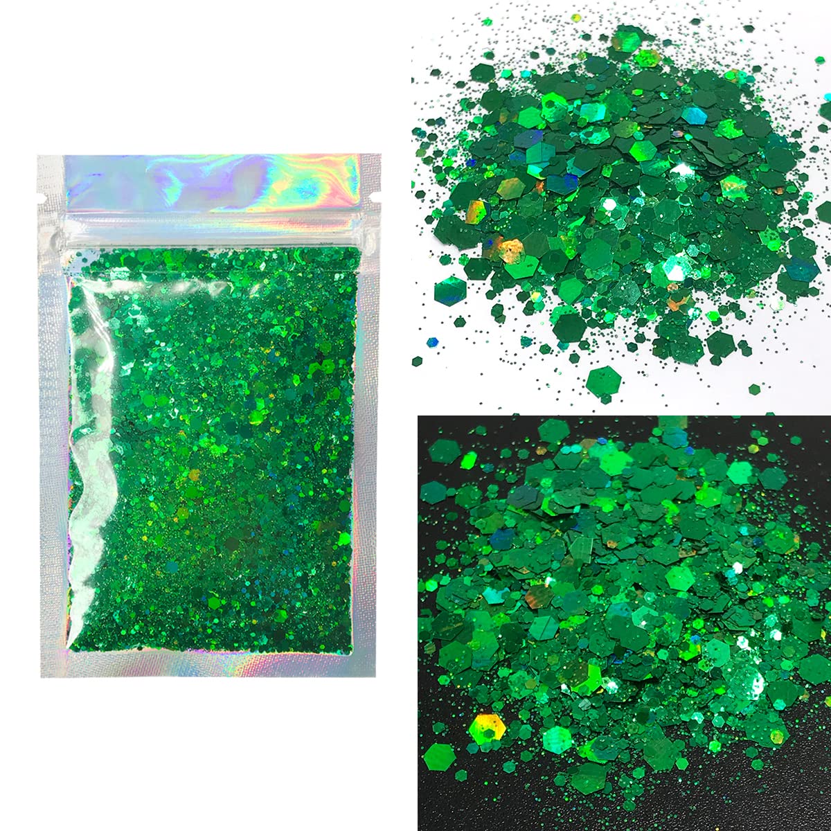 Green Body Glitter - 15g Chunky Holographic Face, Hair, Eye & Body Glitter Set for Women. Rave & Festival Accessories