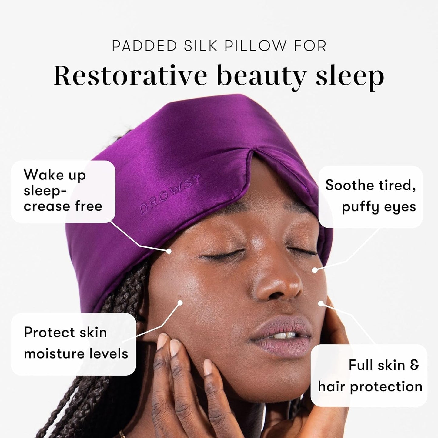 DROWSY Silk Sleep Mask. Face-Hugging, Padded Silk Cocoon for Luxury Sleep in Total Darkness. (Purple Martini)
