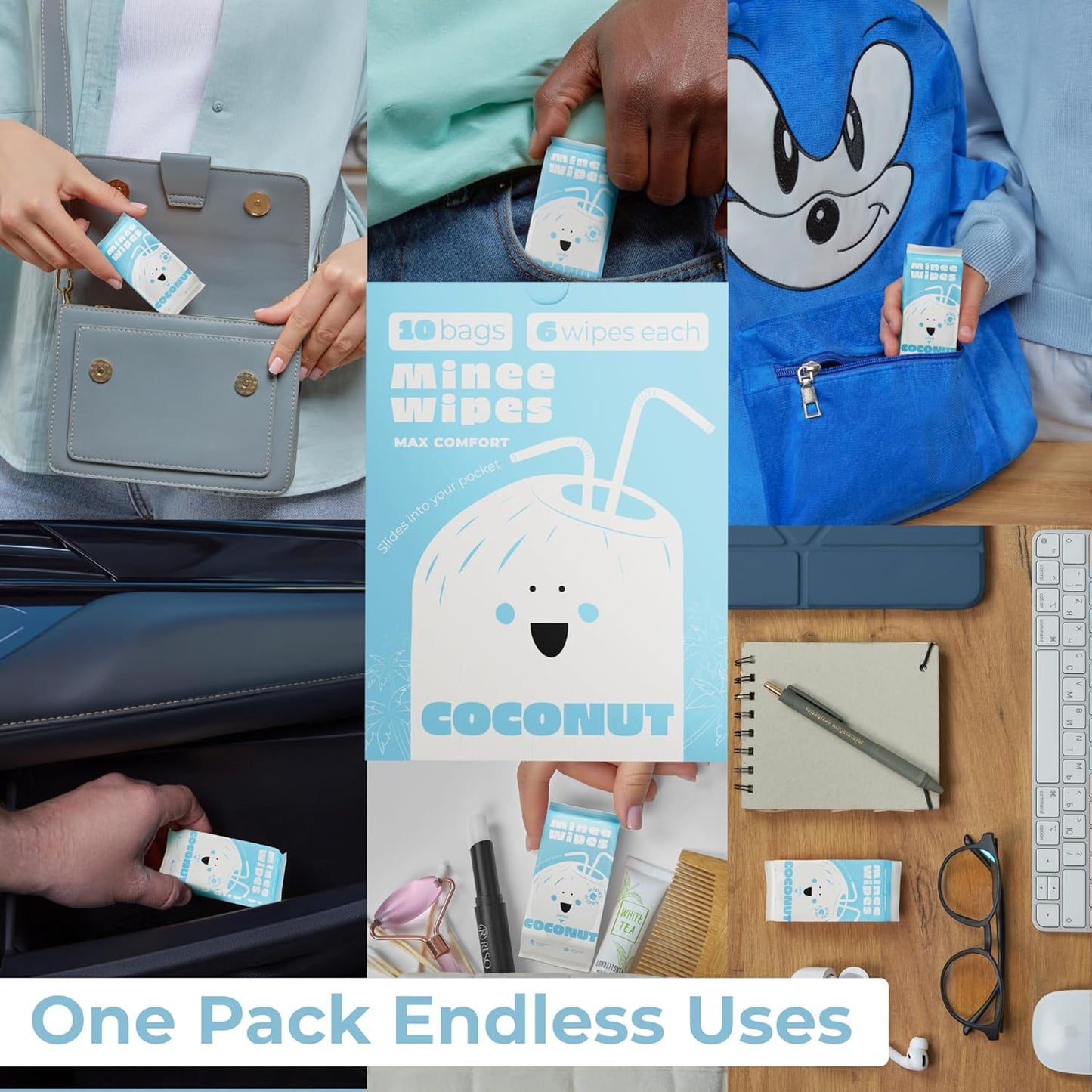 Impossibly Compact Travel Wipes with Fragrance - Skin-Friendly, Hypoallergenic & Scented Wet Wipes for Adults, Kids & Baby Care (60 Wipes Total, Coconut)