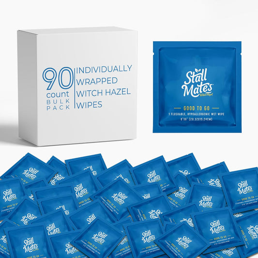 Stall Mates Wipes Witch Hazel: Flushable Wipes | Individually Wrapped | Travel Friendly | Soothing Witch Hazel | Unscented with Cucumber, Aloe and Chamomile | (90 on-the-go singles) BULK PACK