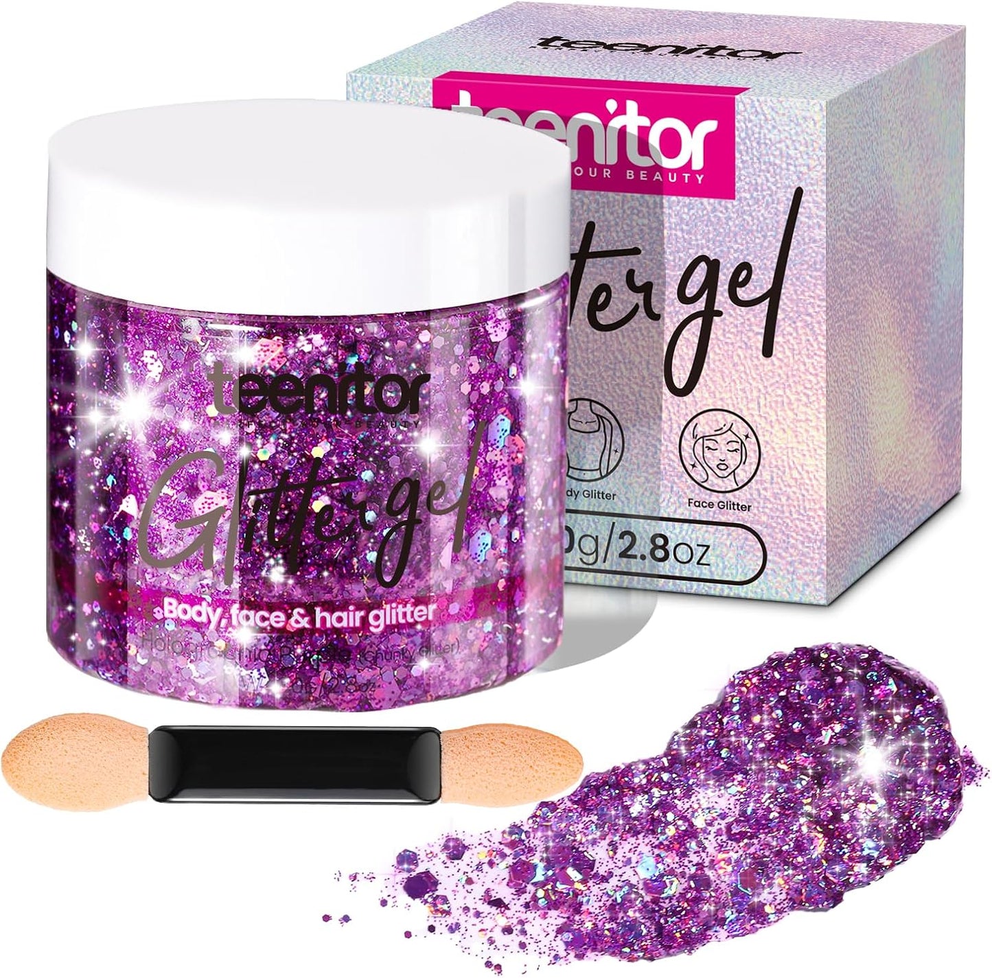 Teenitor Body Glitter, Face Glitter, Hair Glitter Gel, 80g/2.8oz Makeup Rave Purple Glitter Gel for Face and Body