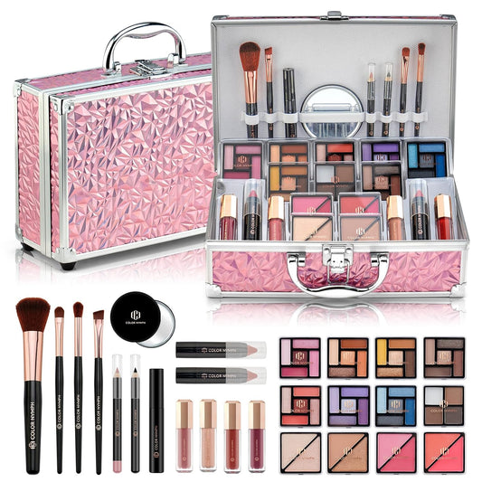 Color Nymph Starter Makeup Kit for Tweens Girls, Train Case for Women Full Kit with Eye Shadow, Lipstick, Blush, Brushes, Lipgloss, Mascara, Brow Wax and Mirror Pink Full Starter Cosmetics Set
