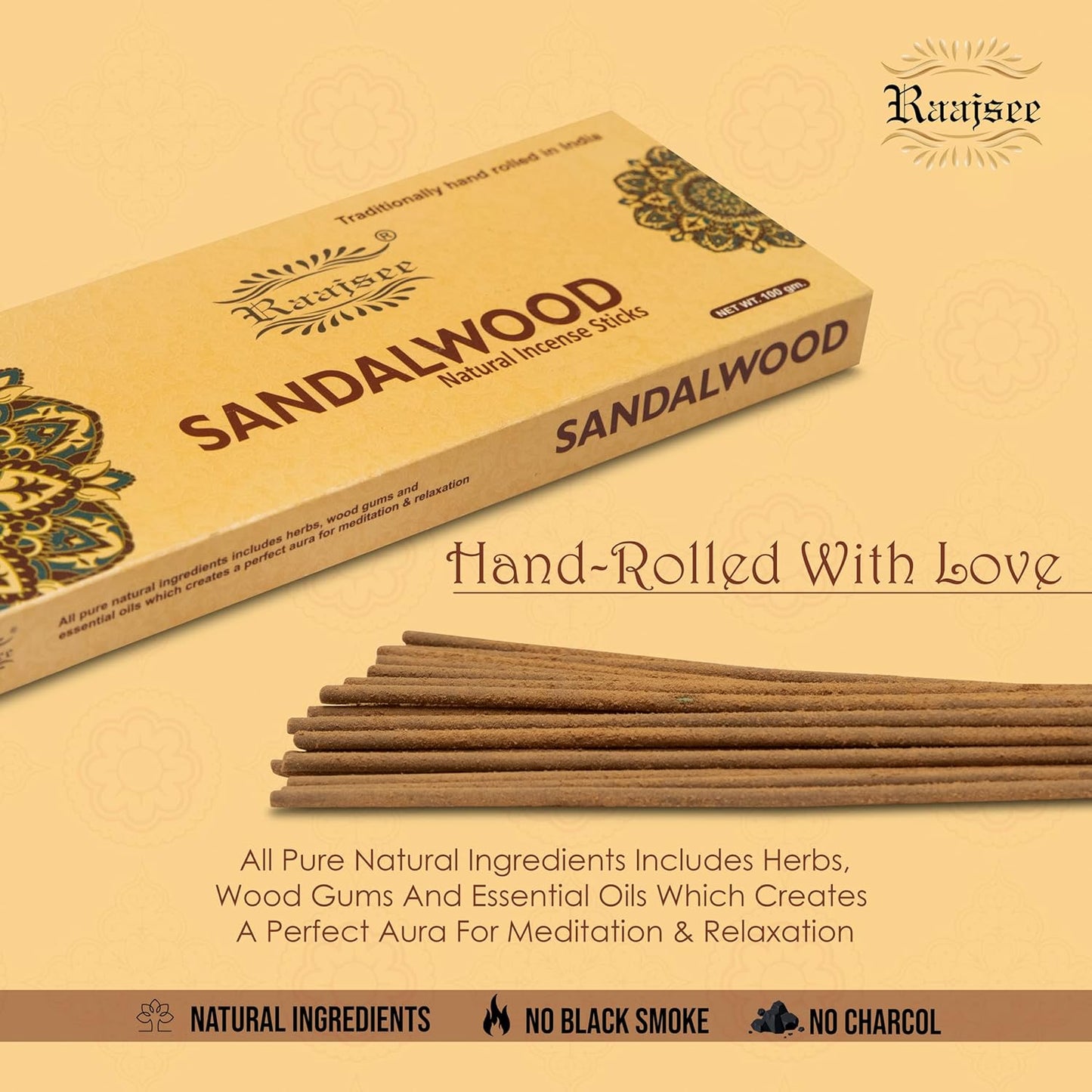 Raajsee Sandalwood Incense Sticks 100 Gm Pack-100% Pure Organic Natural Hand Rolled Free from Chemicals-for Church,Aroma Therapy,Relaxation,Meditation & Sensual Therapy