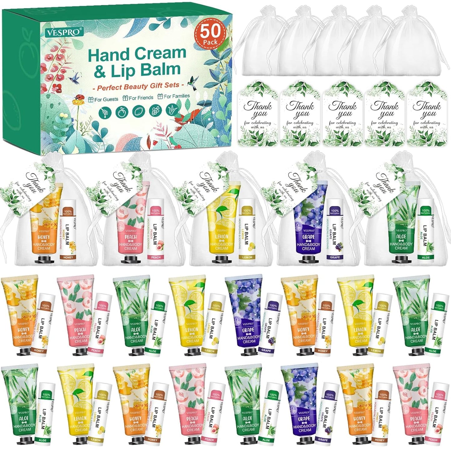 50 Sets Hand Cream Bulk and Lip Balm Bulk Gifts, Bridal Shower Favors, Bridesmaid Gifts and Baby Shower Party Favors for Guests with Thank Card Organza Bags, Thank You Gifts and Small Gifts for Women