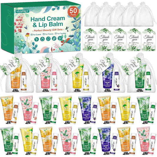 50 Sets Hand Cream Bulk and Lip Balm Bulk Gifts, Bridal Shower Favors, Bridesmaid Gifts and Baby Shower Party Favors for Guests with Thank Card Organza Bags, Thank You Gifts and Small Gifts for Women