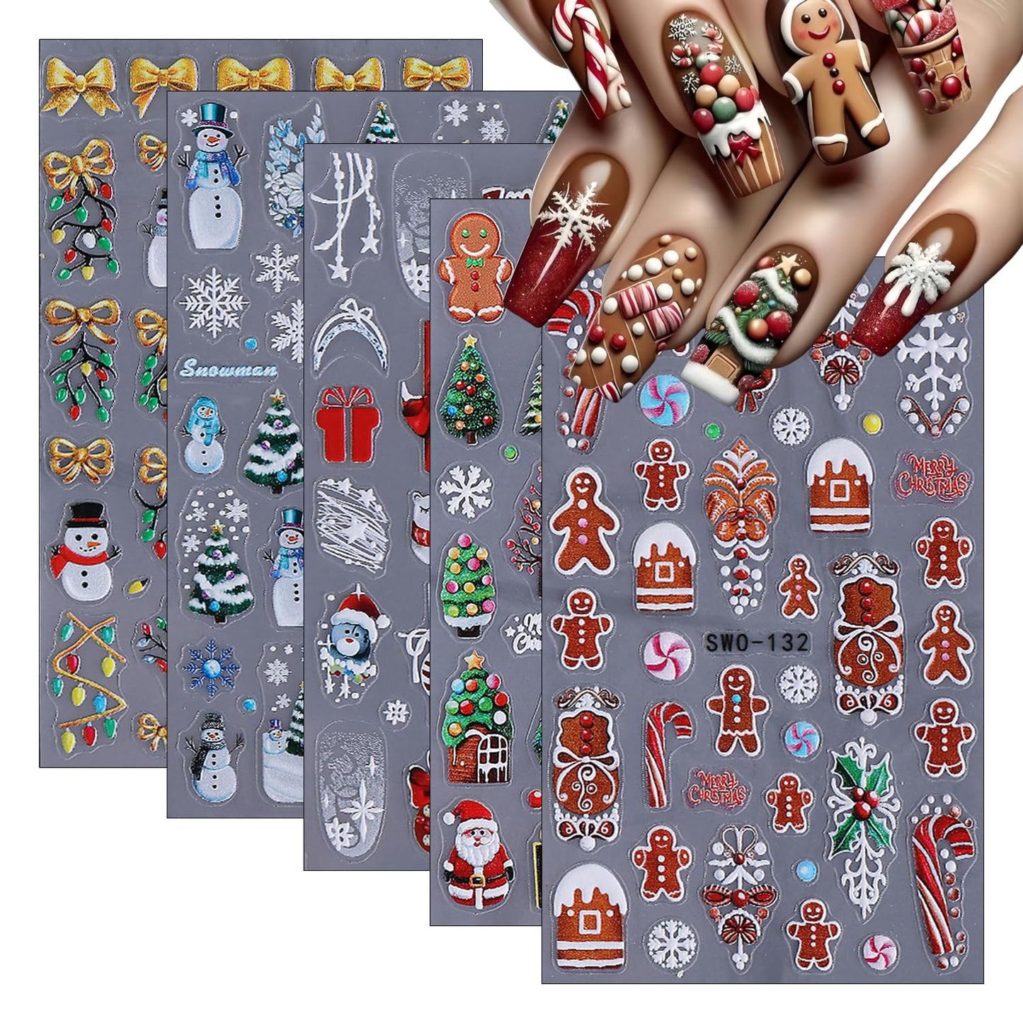 5 Sheets Christmas Nail Art Sticker Snowman Elk Christmas Tree Gingerbread Man Design Winter Xmas Self-Adhesive Snowflake Santa Claus Nail Stickers Decals for Nails Supplies Christmas Nail Decoration