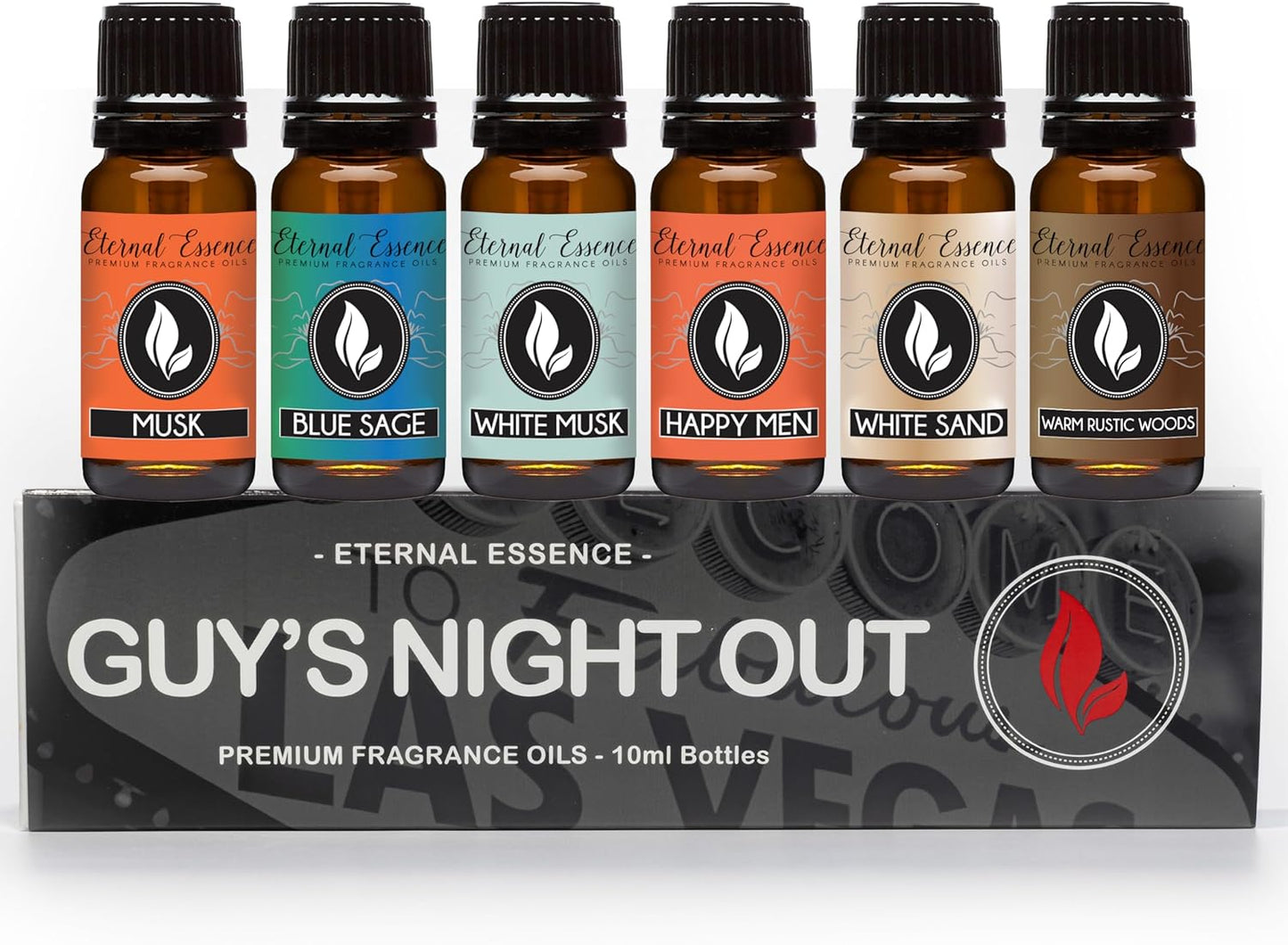 Eternal Essence Oils Guy's Night Out Set of 6 Premium Fragrance Oils - Includes Including Happy Men, Blue Sage, White Sand, Warm Rustic Woods, Musk, and White Musk Scented Oils - 10ML