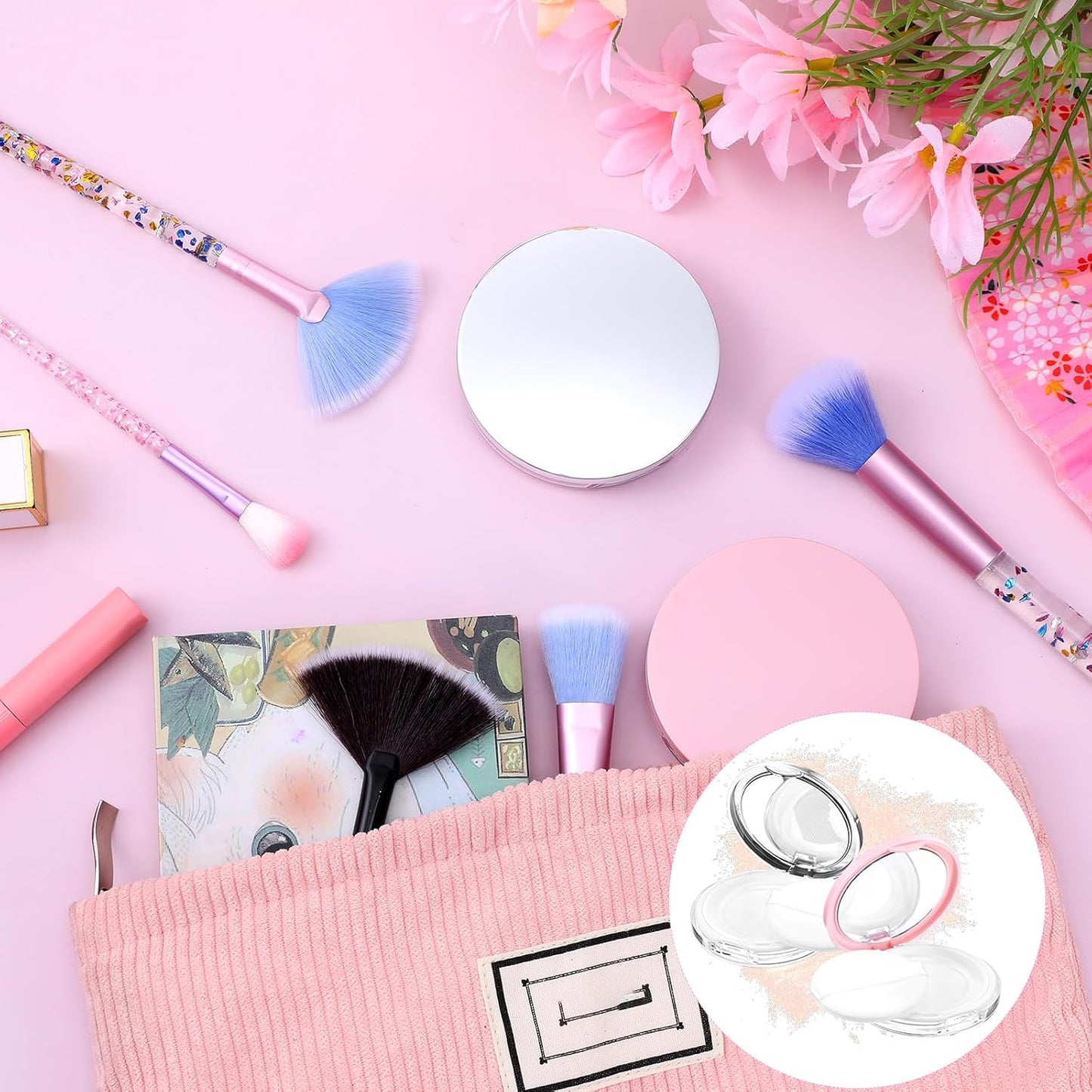 2 Pcs Loose Powder Container with Puff, 0.3-0.7oz Reusable Travel Powder Puff Case Refillable Empty Makeup Compact Box with Mirror for Travel DIY Makeup Cosmetic