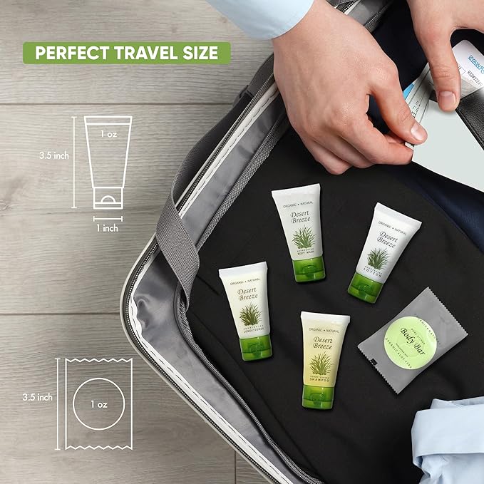 Desert Breeze Hotel Soaps and Toiletries Bulk Set | 1oz Hotel Shampoo & Conditioner, Body Wash, Body Lotion & Bar Soap | Half Pallet 21 cases with 300 units each - 6,300 pieces