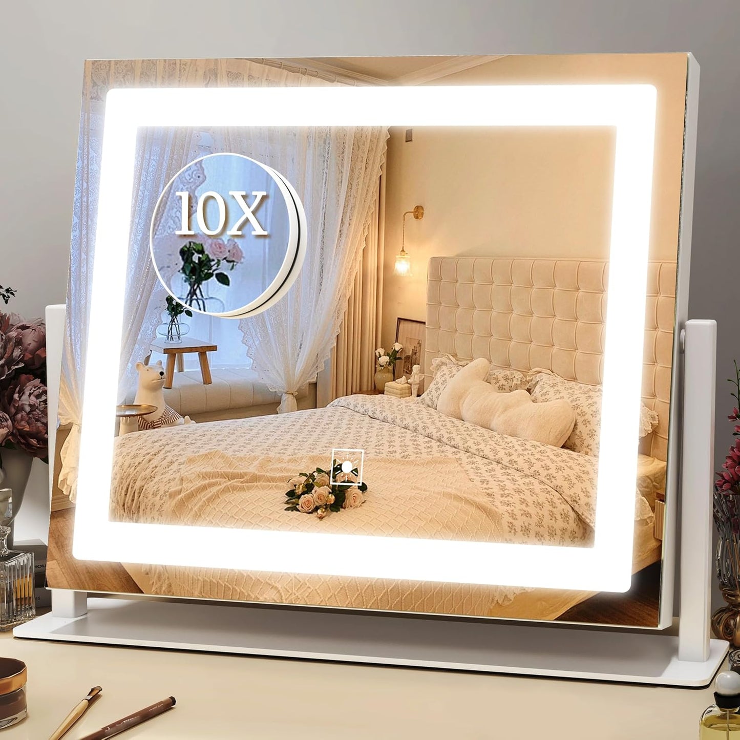 16x12 Inch Vanity Mirror with Lights, Lighted Makeup Mirror with 10X Magnification, Smart Touch 3 Colors Dimmable, Dresser Mount, Bathroom (White)
