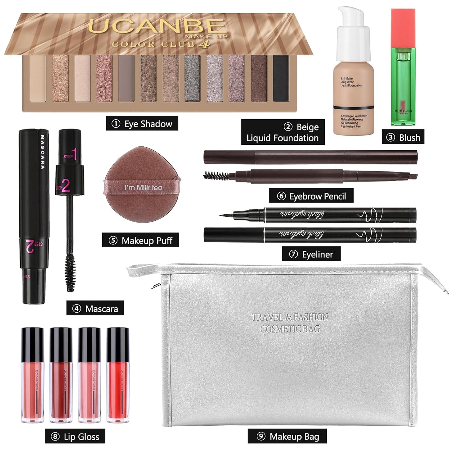 Makeup Set for Women Full kit, Makeup bag with 12 Color Nude Eyeshadow Palette, Mascara, Lip gloss, Blush & Foundation, Beauty blender, Eyeliner Pen, Eyebrow Pencil All in One Gift Set