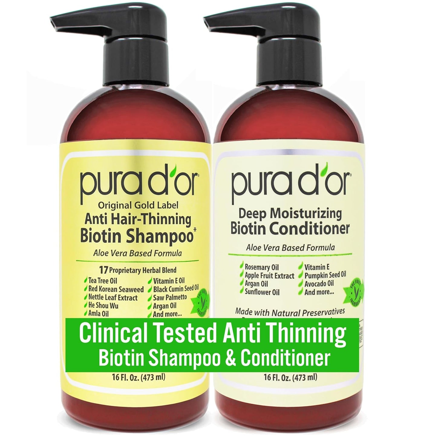 PURA D'OR Anti-Thinning Biotin Shampoo & Deep Moisturizing Conditioner Original Gold Label Set (16oz x2) Natural Earthy Scent, CLINICALLY TESTED Effective Results, Hair Thickening Product, Women & Men