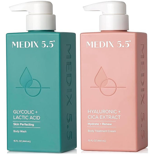 Medix 5.5 Exfoliating AHA Glycolic Acid Face & Body Scrub Cleanser + Hyaluronic Acid Moisturizing Body Cream Lotion Skin Care 2PC Set | Alpha Hydroxy Acid & Lactic Acid Foaming Body Wash & Face Wash