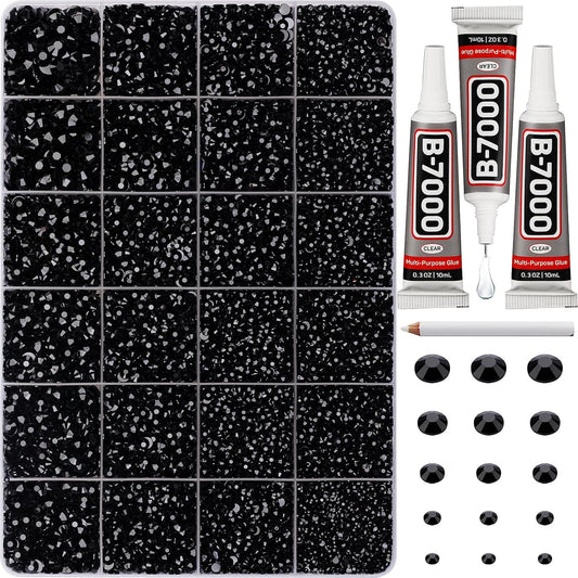 30000Pcs Resin Rhinestones for Crafting Bedazzling, Bulk Black Flatback Gems for Crafts Clothing Clothes Fabric Tumbler Sneakers, Bedazzle Flat Back Jewel Assorted Size SS6/10/16/20/30 with b7000 Glue