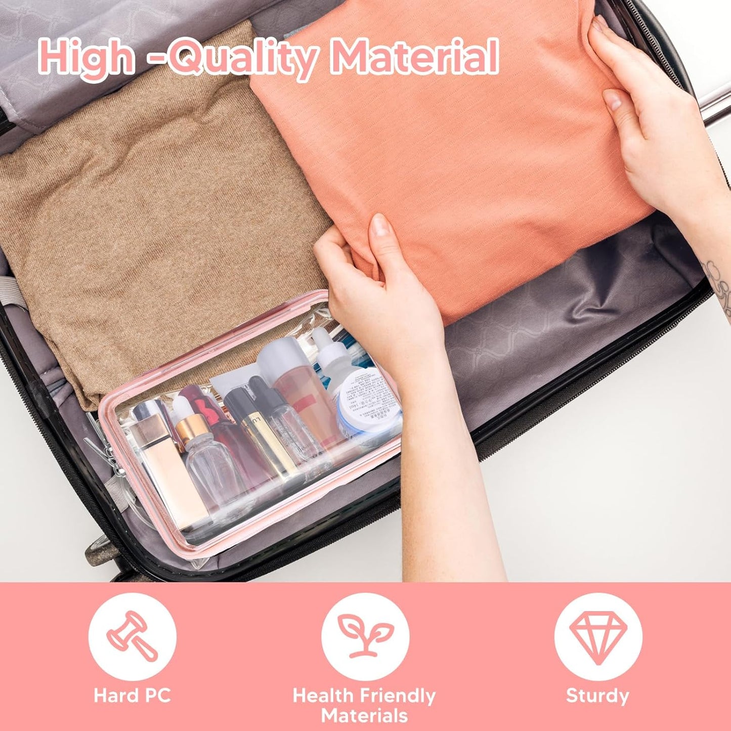 2 Pcs Clear Hard Zipper Case, Hard PC Plastic Cosmetic Travel Bag, Portable Travel Organizer Bins, Durable Makeup Bags for Toy Storage, Pencil Case(Pink Zipper)