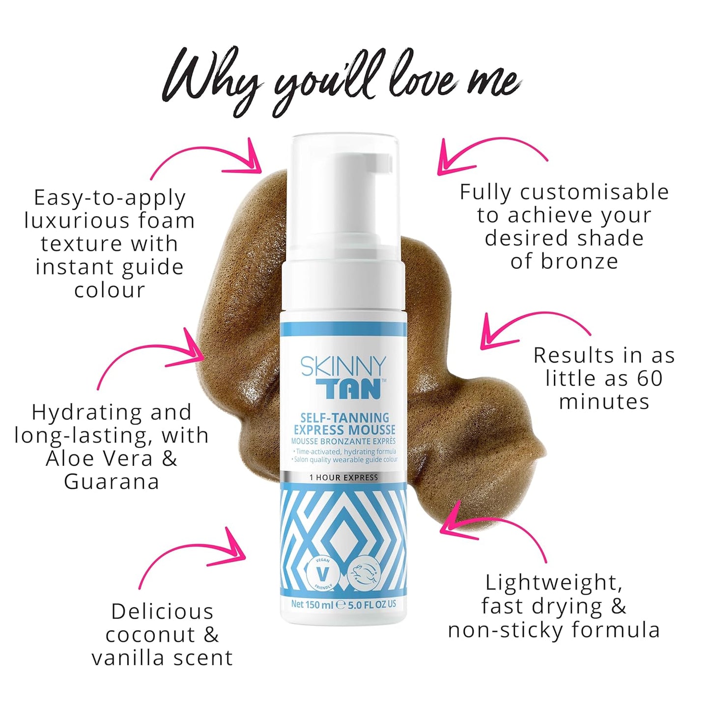 Skinny Tan Self-Tanning Express Mousse - Lightweight, Fast Drying and Long Lasting Formula - Achieve Your Desired Shade of Bronze - Delicious Coconut and Vanilla Scent - 1 Hour Express - 5 oz
