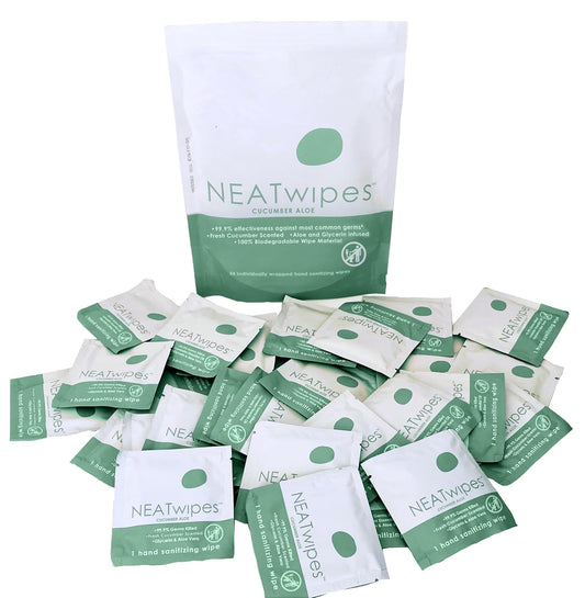 NEATwipes Hand Sanitizing Wipes | Travel Size | Disposable Wet Wipe & Biodegradable | Cucumber Aloe Essential Oil | Soothing Aloe & Glycerin | 24 Individually Wrapped Wipes
