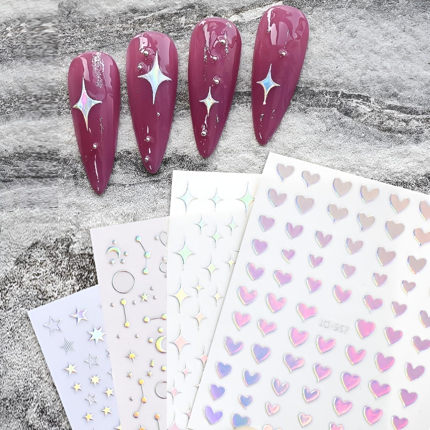 12 Sheets Aurora Nail Stickers for Nail Art 3D Self Adhesive Moon Star Nail Art Stickers Aurora Nail Decals Glitter Holographic Nail Design Heart Nail Art Supplies DIY Manicure Decorations for Women