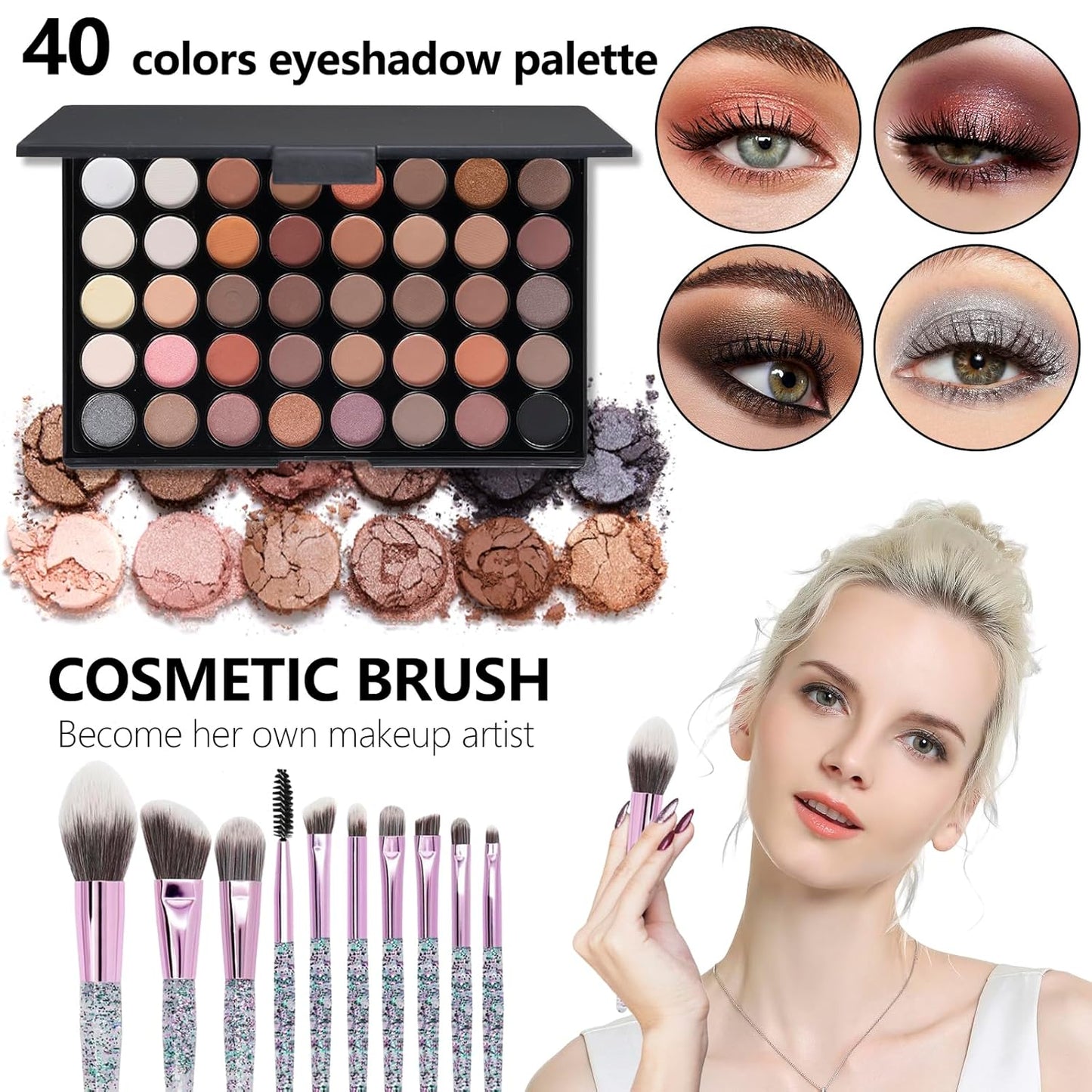 All In One Makeup Kit,Full Makeup Set For Wonmen Includes 40 Colors Eyeshadow Palette Lip Gloss Liquid Lipstick Make up Sponge Brushes Eyebrow Concealer With Makeup Bag