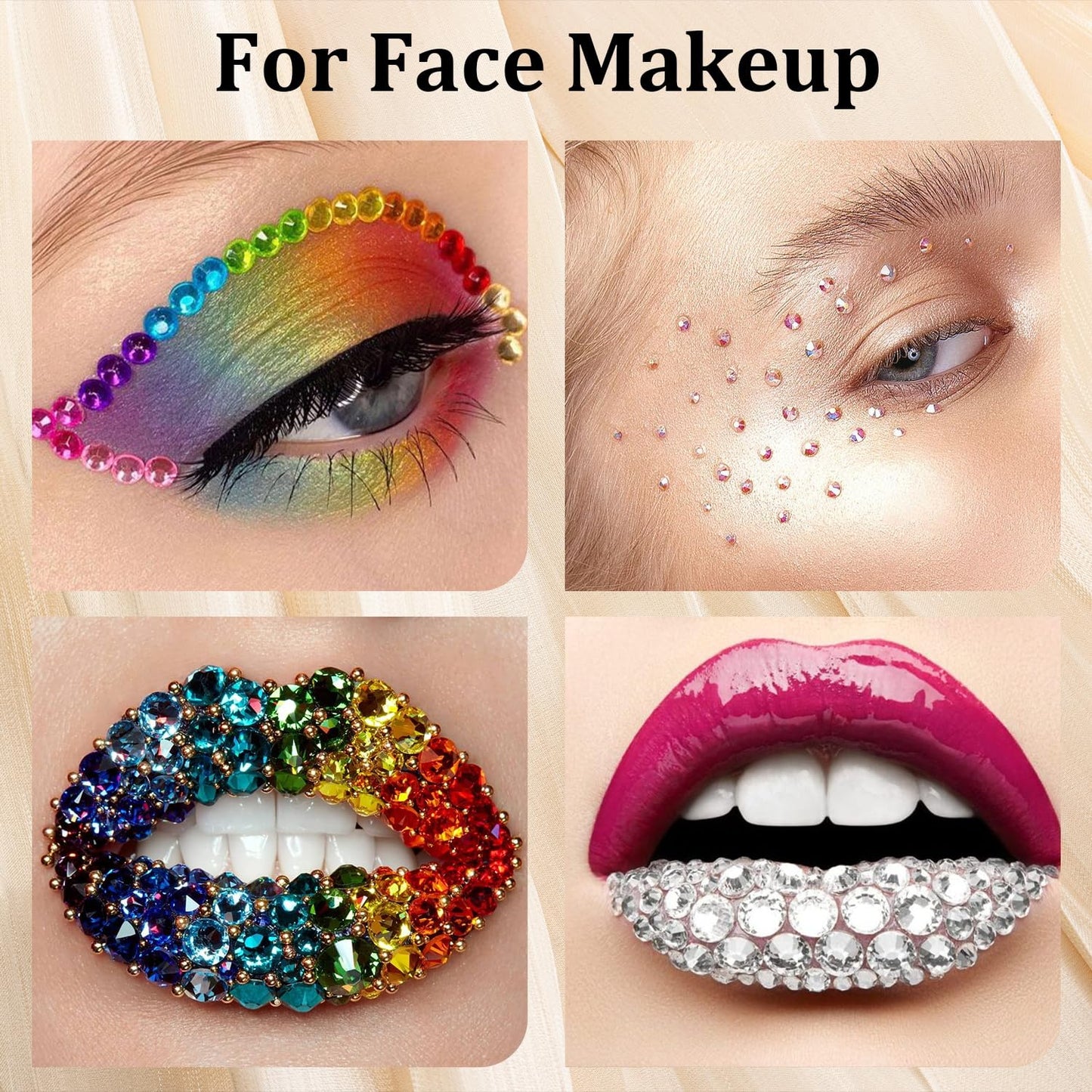 Colorful Face Gems for Makeup Set, Flatback Gorgeous Glass AB Gems+Mixed-Colored Crystals with Picker Pencil, Makeup Glue, Dual-End Dotting Tool, Tweezer for Eye Body Hair Make-up and Nail Art Deco