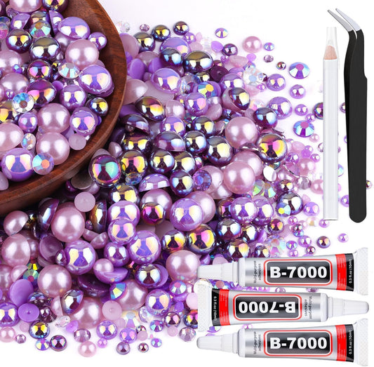 80g Flatback Pearls and Rhinestones for Crafting, Purple 3-10mm Resin Rhinestones and Half Pearls for Bedazzling, Nail Art and Dec with 3pcs 10ml B7000 Jewelry Glue, Tweezer and Pickup Pencil