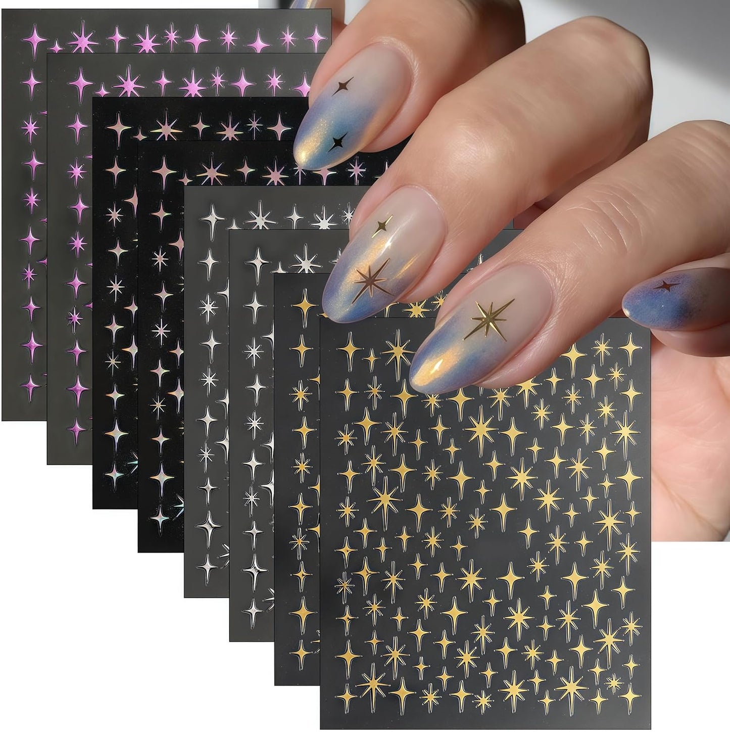 8 Sheet Bronzing Star Nail Stickers 3D Shiny Star Nail Decals Starlight Designs Sticker Nail Gold and Silver Purple Manicure Accessories for Women Nail Decorations