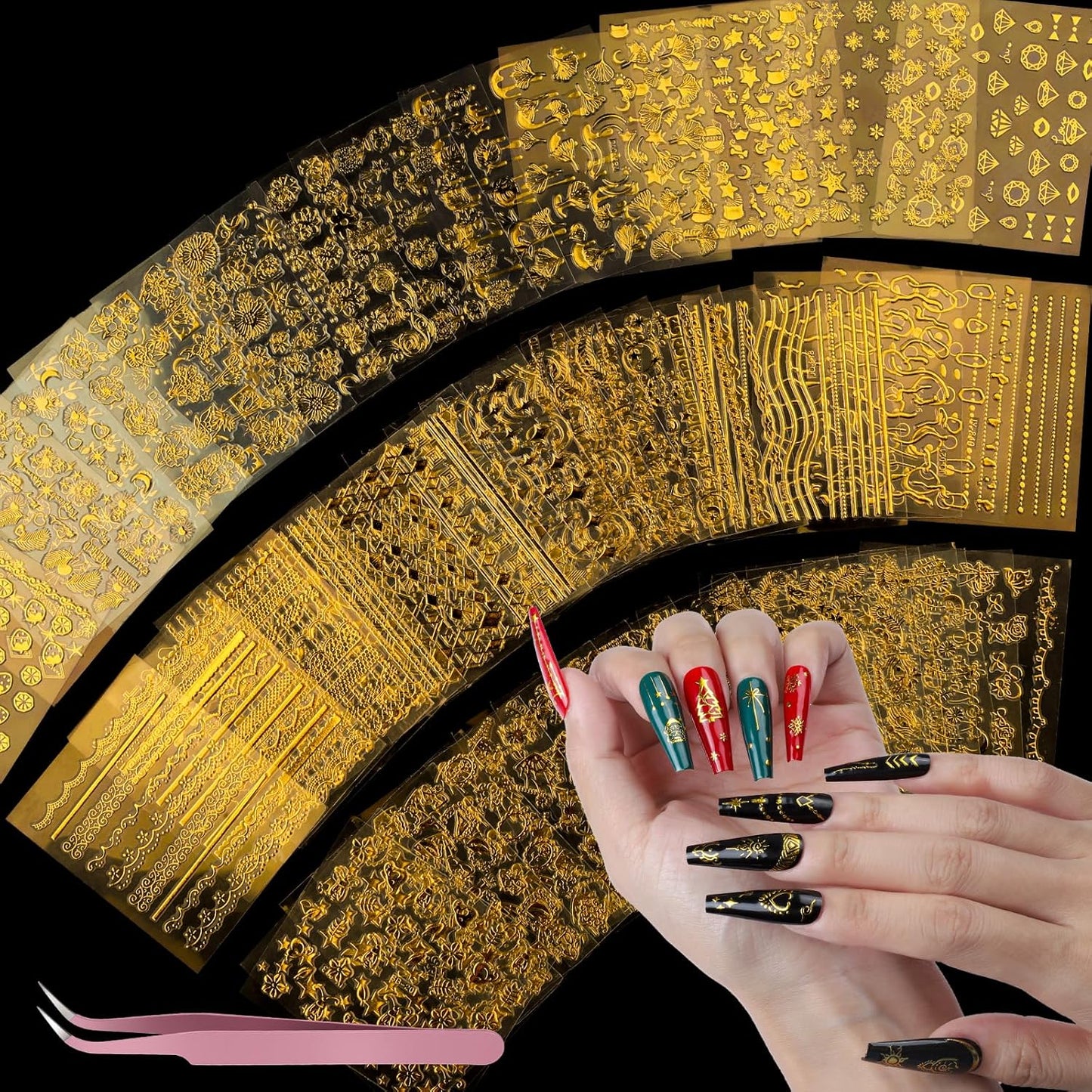 Teenitor 50 Sheets Nail Stickers for Nail Art, Nail Decals Gold Nail Stickers for Kids Women in Fall Winter Halloween Christmas, Nail Decorations
