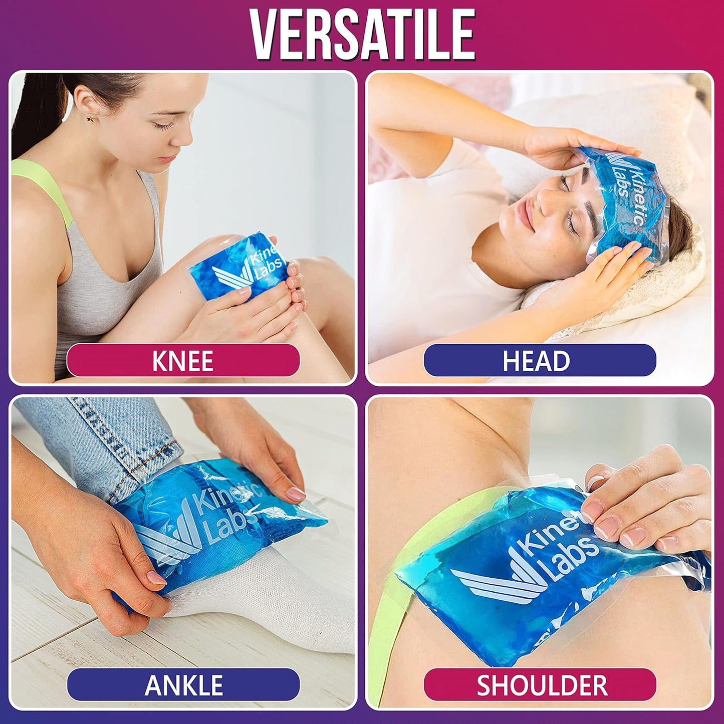 Gel Ice Packs for Injuries Reusable (2 Pack) 9.5" x 4.5" – Gel Cold Soft Ice Pack by Kinetic Labs – Flexible & Soft Packs for Knee, Shoulder, Back (Regular)