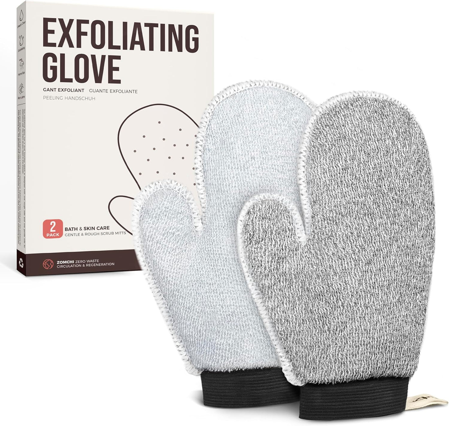 ZOMCHI 2 Pack Deep Exfoliating Glove with Dual Texture, Massage Body Scrub Gloves for Home Spa, Exfoliating Mitt for Dead Skin Removal (Deep + Gentle)