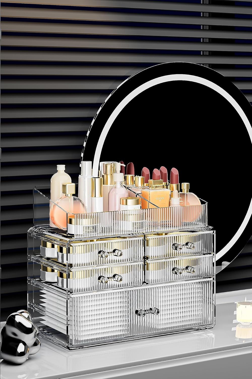 ZHIAI Stackable Organizer, Acrylic Cosmetic Organizer for Dresser, Vanity, Kitchen Cabinet, Bathroom, Under Sink, Home Organization and Storage (1 Top 5 Drawers)