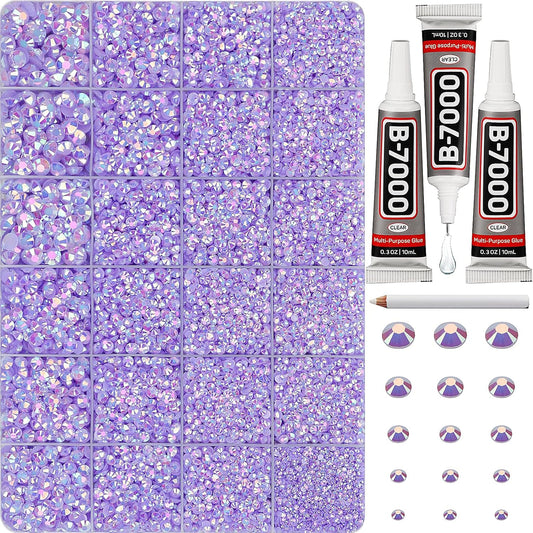 30000Pcs Resin Jelly Rhinestones Set for Crafting Bedazzling, Light Purple AB Flatback Gems Jewels for Crafts Clothes Shoes Fabric Outfit Nails Makeup, Flat Back Lavender Crystal 2-6mm with b7000 Glue