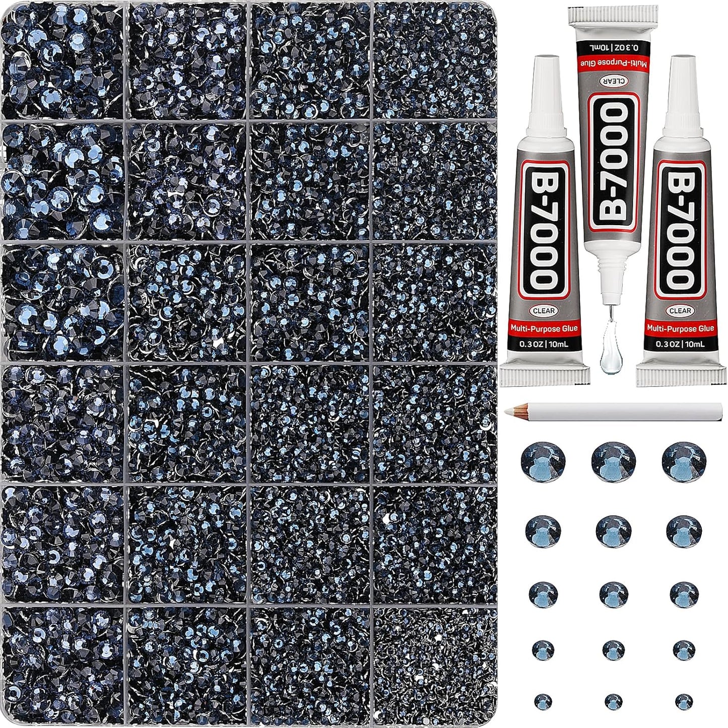 30000Pcs Resin Rhinestones Set for Crafting Bedazzling, Navy Flatback Gems Jewels for Crafts Clothes Shoes Fabric Outfit Nails Makeup, Flat Back Crystal 2-6mm with b 7000 Glue